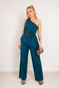 Elegant 2-Piece Women's Set – Asymmetric Top & Teal Palazzo Pants