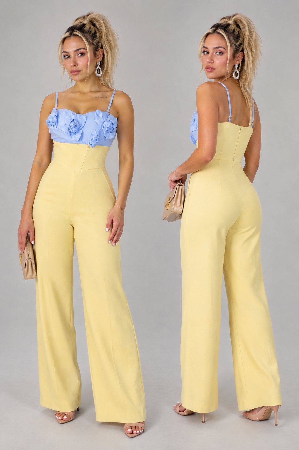 Elegant Yellow Women's Jumpsuit with 3D Flowers & Palazzo Pants
