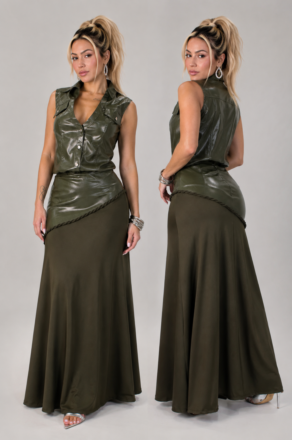 Elegant Women's Set with Faux-Leather Vest and Olive Green Maxi Skirt