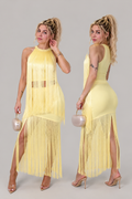 Women's Yellow Fringe Set – Halter Top & Maxi Skirt