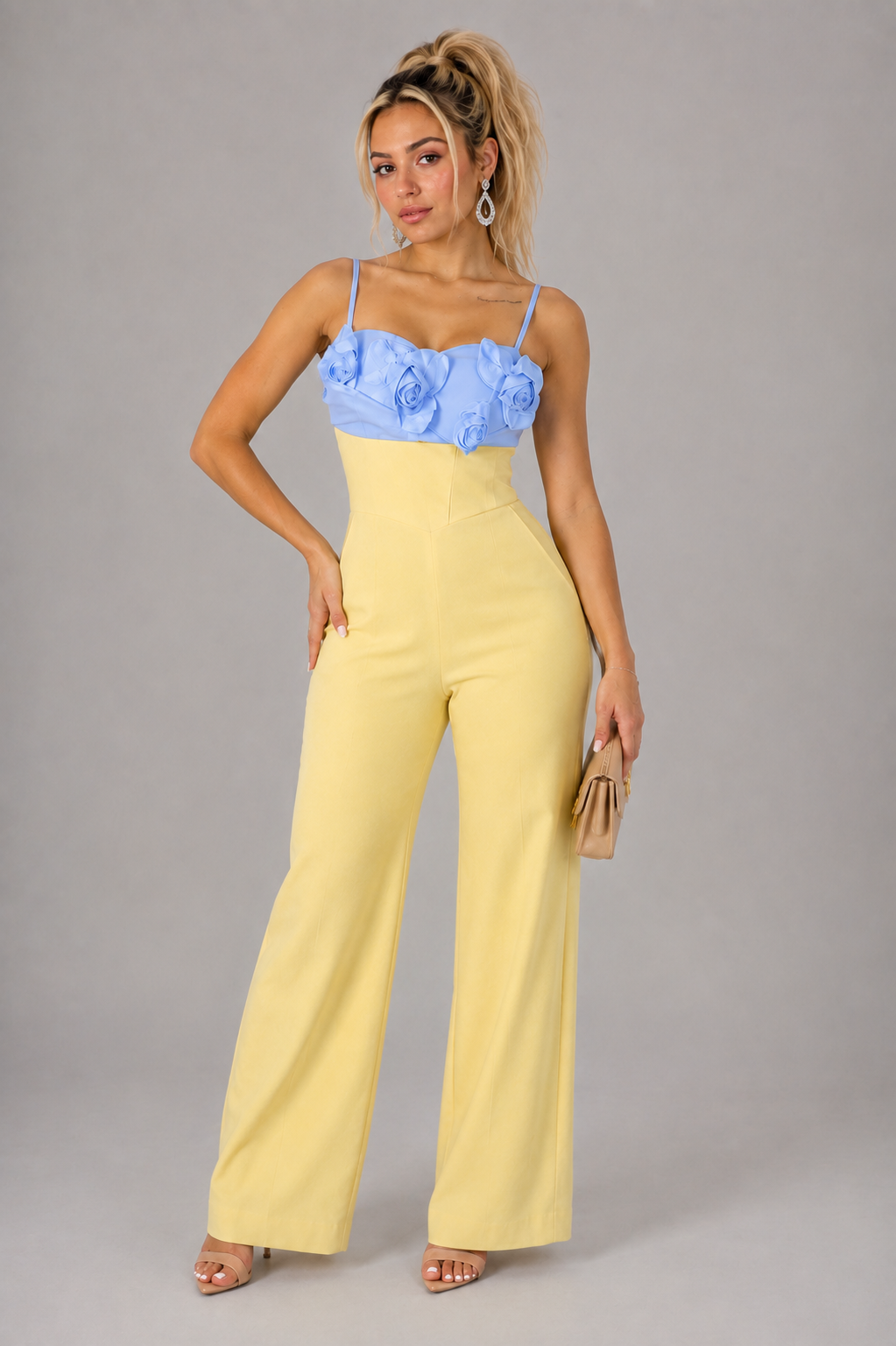 Elegant Yellow Women's Jumpsuit with 3D Flowers & Palazzo Pants