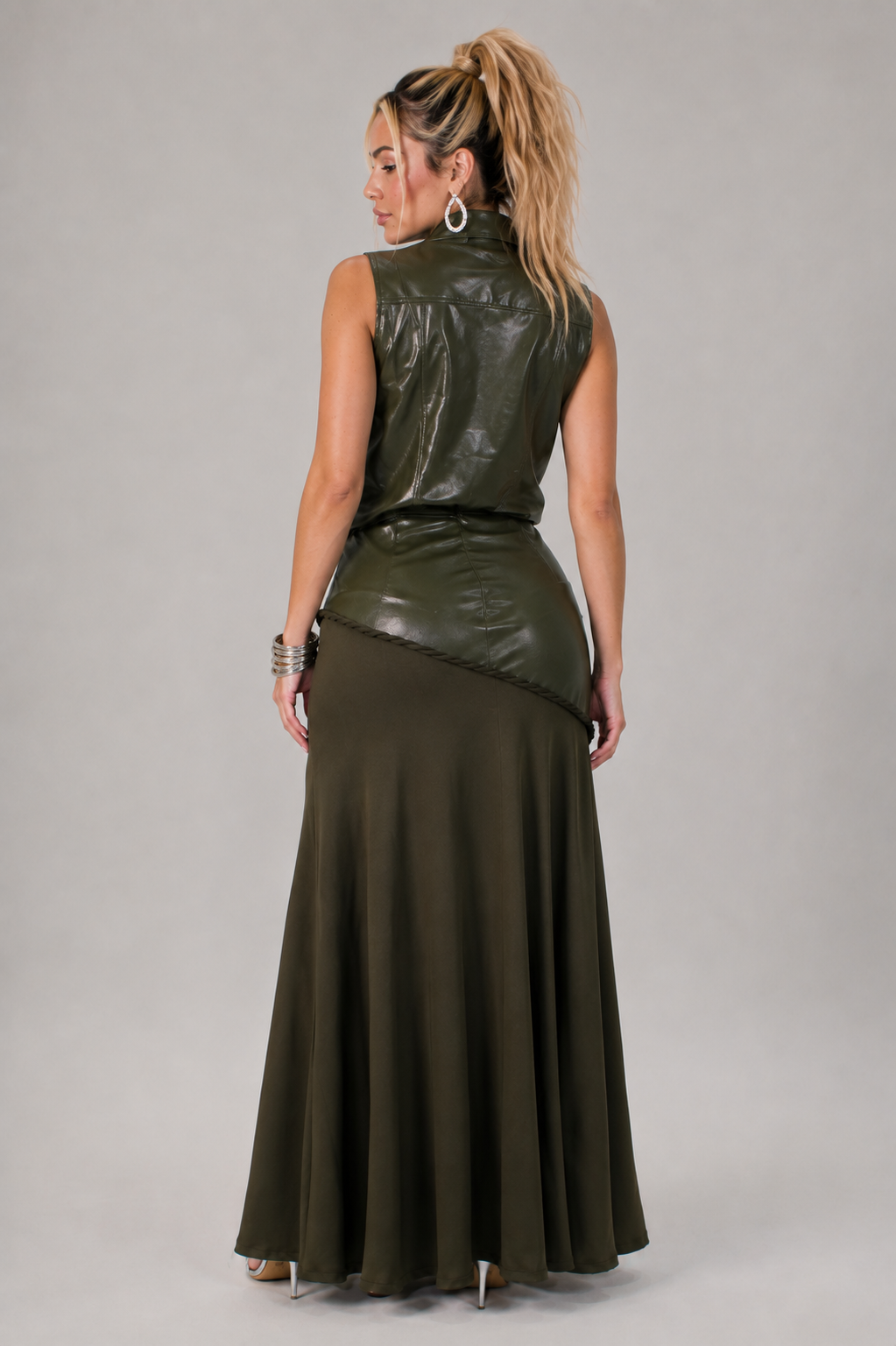 Elegant Women's Set with Faux-Leather Vest and Olive Green Maxi Skirt