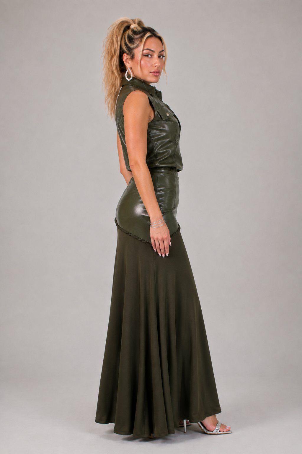 Elegant Women's Set with Faux-Leather Vest and Olive Green Maxi Skirt