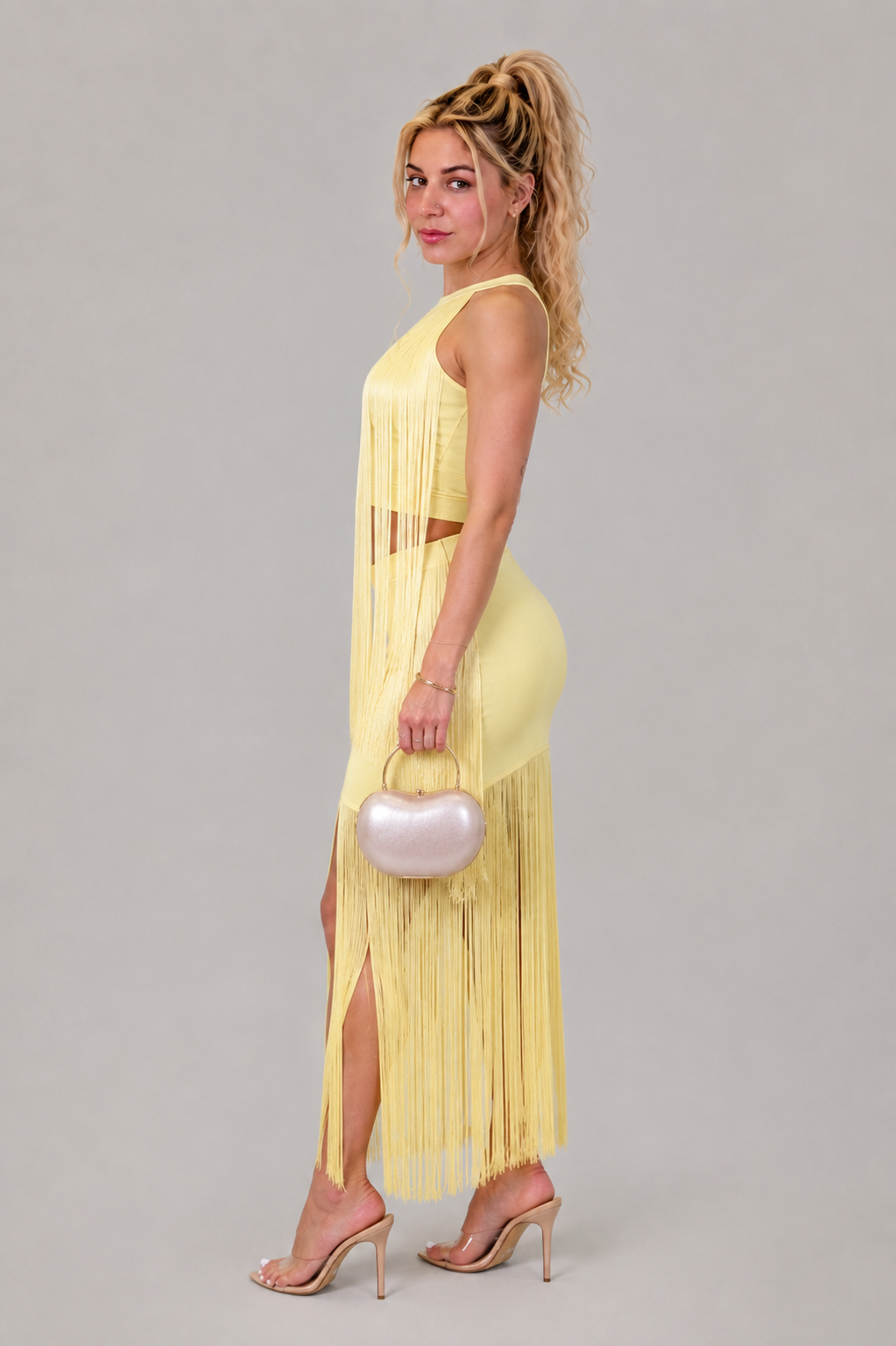 Women's Yellow Fringe Set – Halter Top & Maxi Skirt