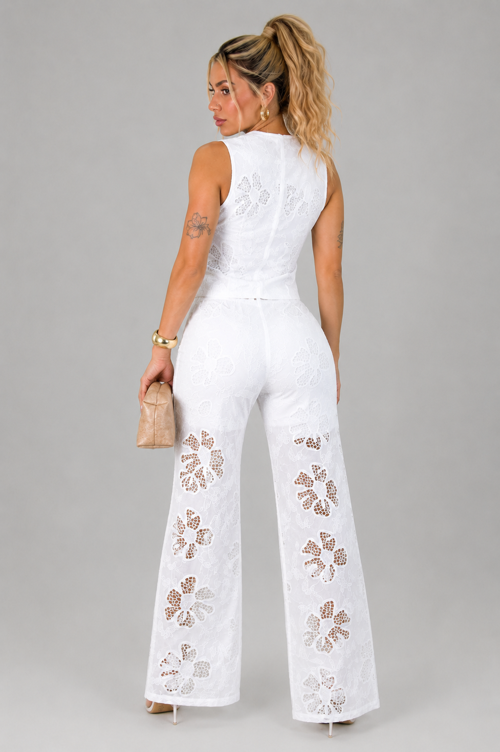 Women's 2-Piece White Set with Vest and Floral Trousers
